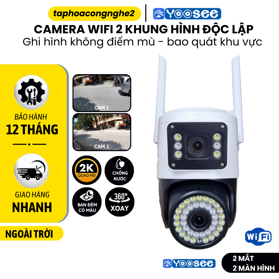 (BẢO HÀNH 12 THÁNG)- Camera WIFI YOOSEE Trong Nhà/Ngoài Trời, 2 Mắt 2 Màn Hình, Đàm Thoại 2 Chiều, Hình Ảnh FHD, Có Tiếng Báo Động, Xoay 360 Độ