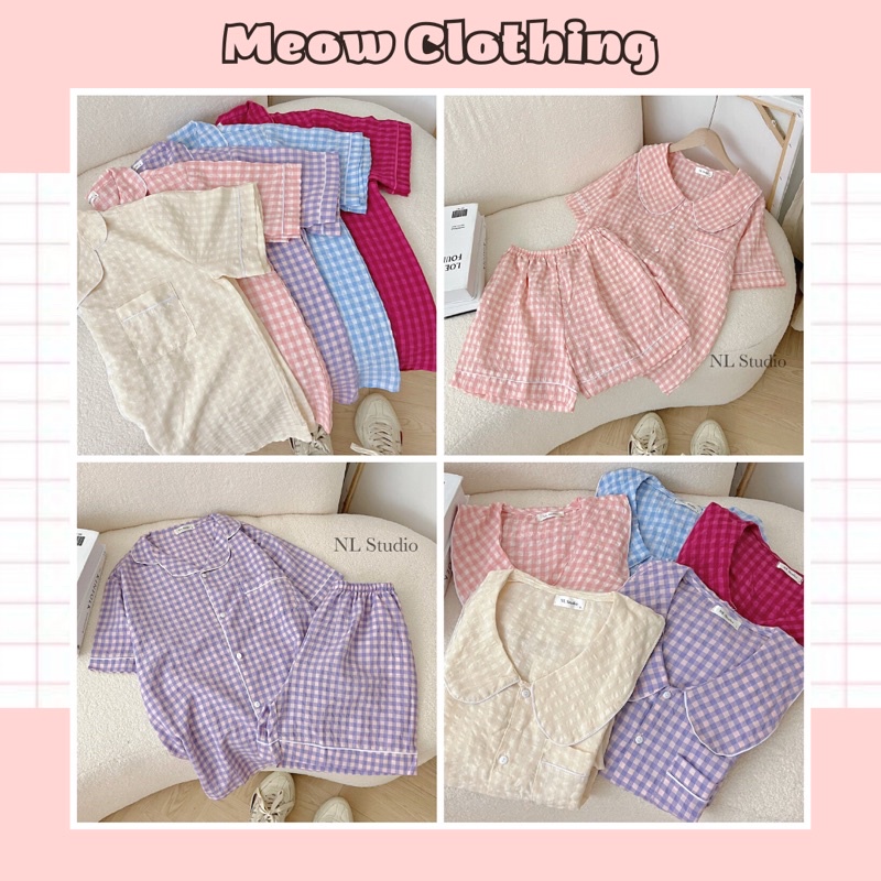 Đồ bộ mặc nhà, bộ ngủ nữ, pijama cộc đùi vải thô mềm kẻ caro freesize