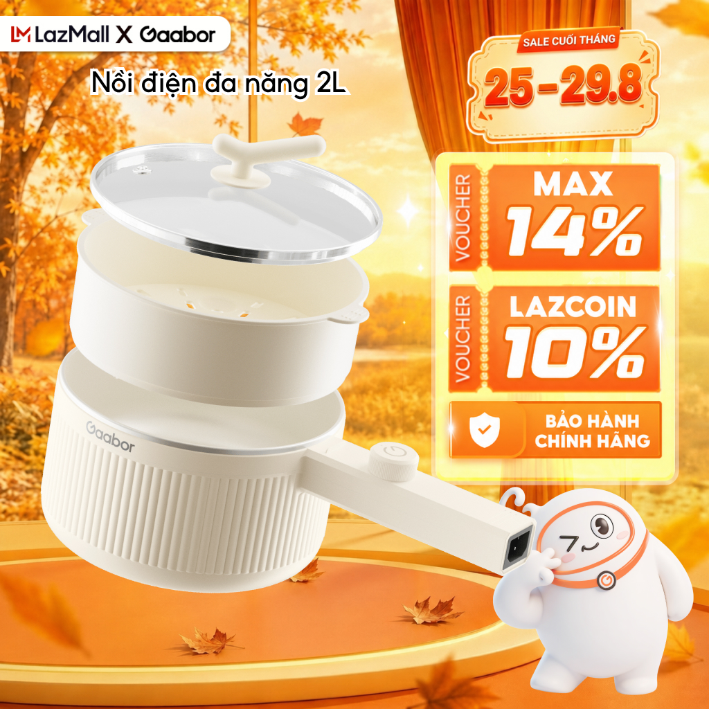 Nồi điện đa năng 2L công suất 600W Gaabor EC-20E01B, 2 mức nhiệt phủ lớp chống dính kèm xửng hấp - Bảo hành 12 tháng 1 đổi 1