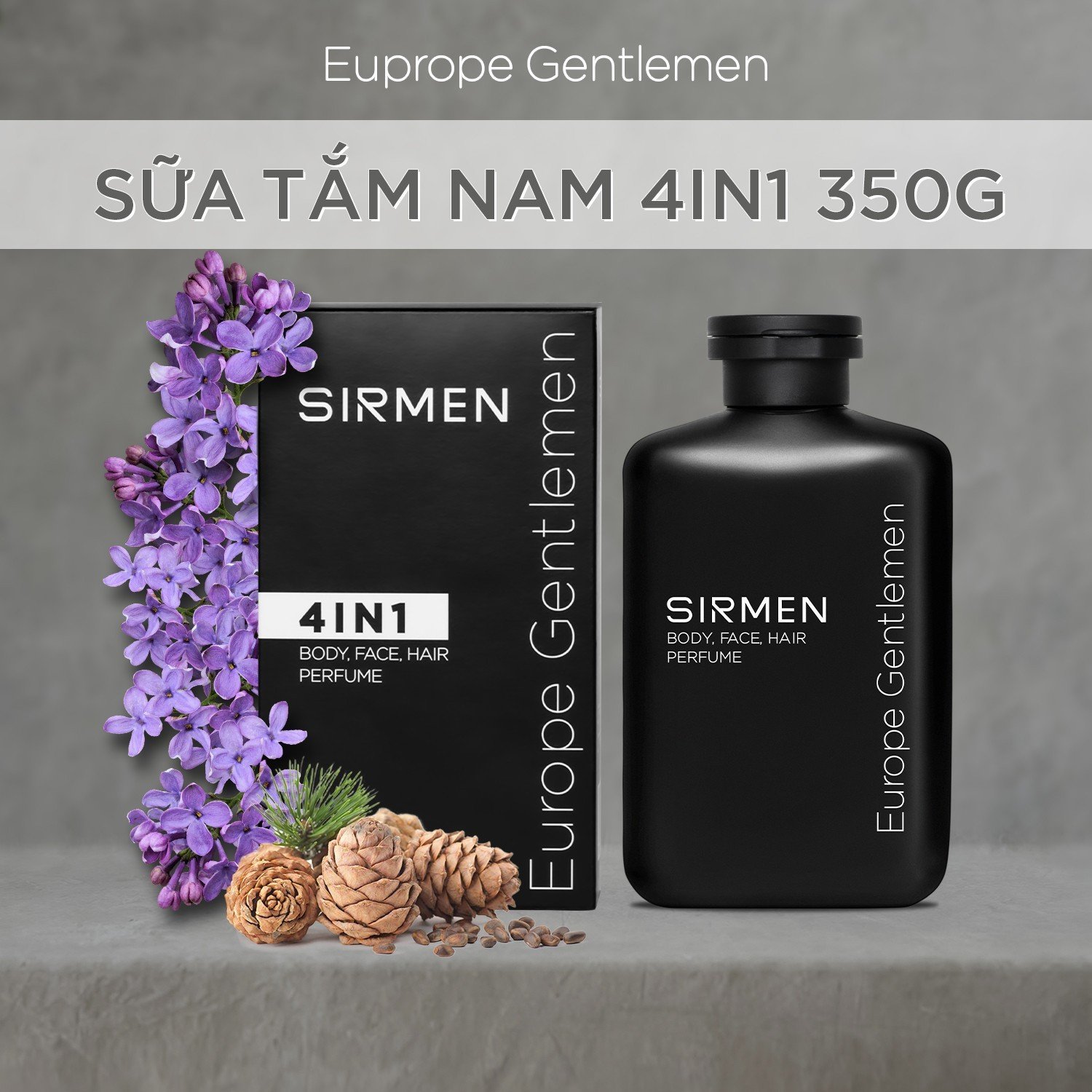 Sữa tắm gội nam 4 in 1 hương nước hoa châu Âu SIRMEN Europe Gentlemen dòng 350g chiết xuất tự nhiên công nghệ EUNano đậm đặc gấp 2 lần