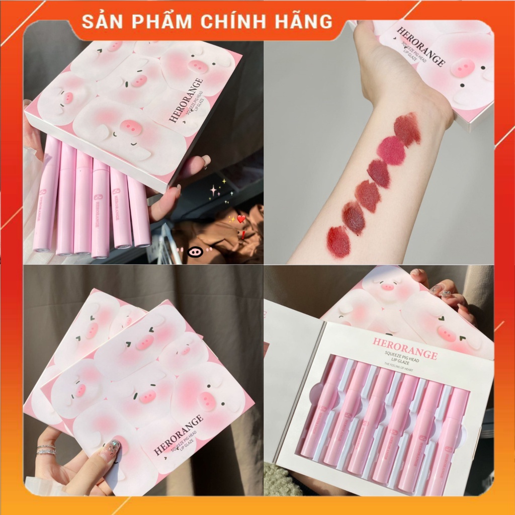 Set 6 Thỏi Son Kem Lì HERORANGE Heo Hồng , Tone Nhung Siêu Lì Suốt 24h