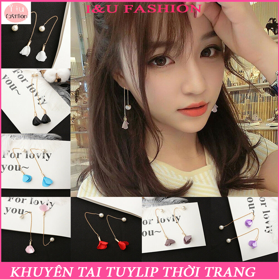Khuyên tai Bông tai thả dáng dài sợi mảnh thời trang phong cách Hàn Quốc nữ tính nhẹ hàng hình bông hoa tulip vải nhiều màu kèm hạt ngọc trai ( có chọn màu ) KT-01