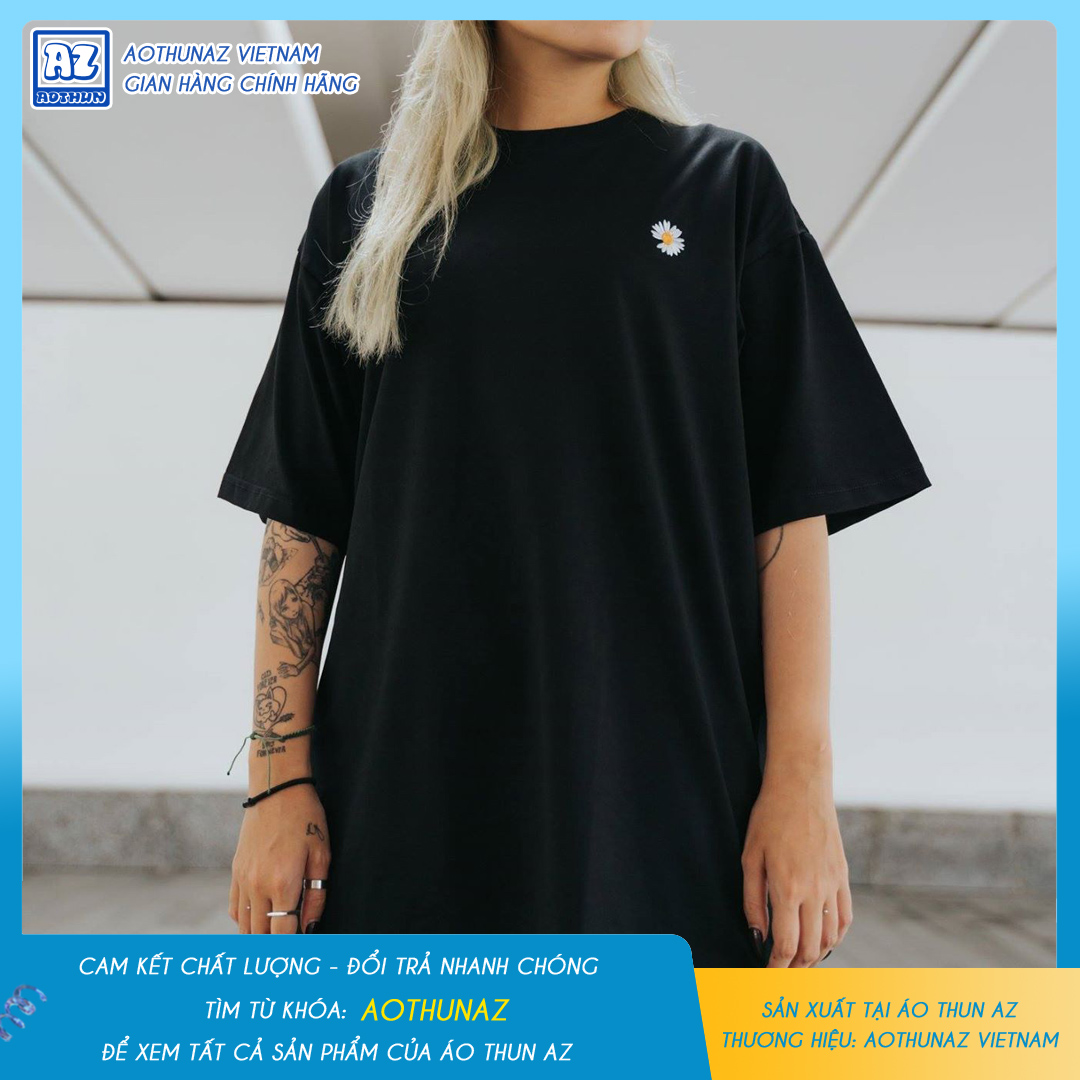 Áo thun tay lỡ ( lửng ) nam nữ màu đen thêu logo hoa cúc trắng đẹp MT483