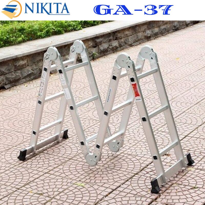 Thang nhôm gấp 4 đoạn 3,7m Nikita GA37 Chân rời Số lượng bậc: 12bậc (3 bậc, 4 đoạn) Chiều cao duỗi thẳng 3.7 m Chiều cao chữ A : 1.8m Kích thước thu gọn khi cất giữ: 93x38x27 cm (H-L-W) Trọng lượng: 10kg