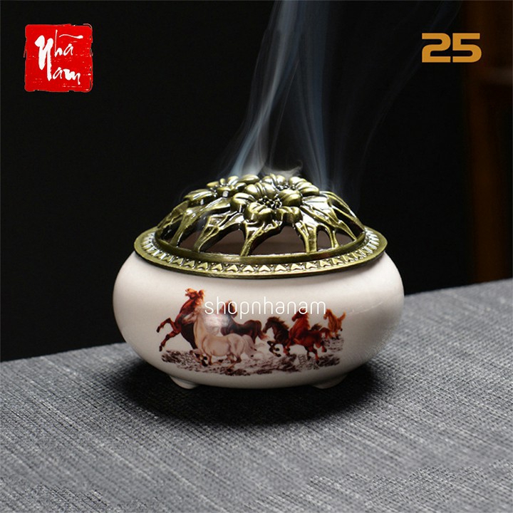 Lư hương, lư xông trầm hương, đỉnh đốt nhang gốm sứ, lư hương họa tiết Nhã Nam
