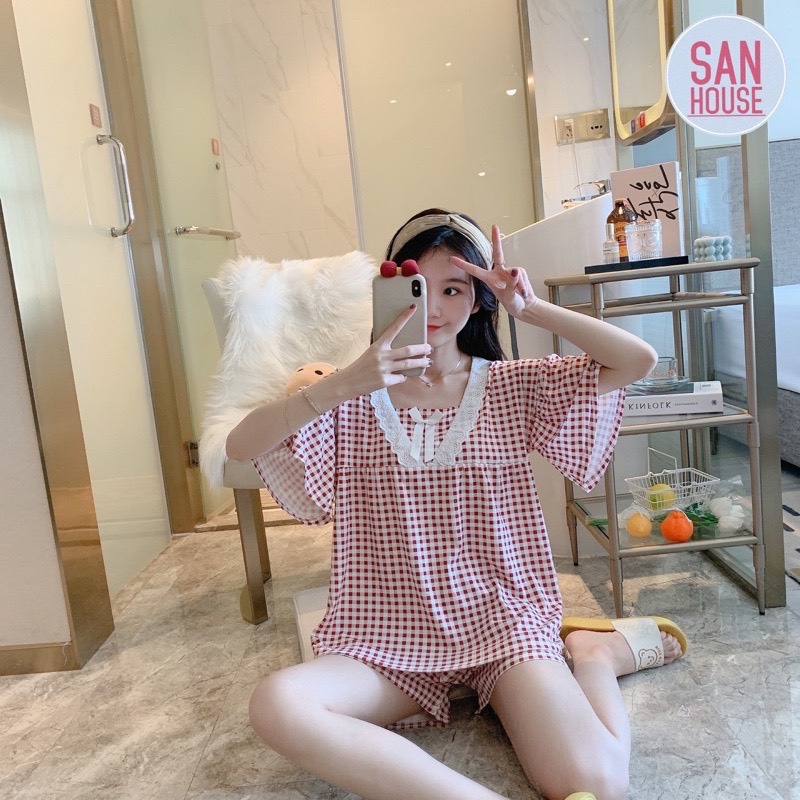 Bộ ngủ nữ Tay loe, phối ren bèo cổ, họa tiết dễ thương, đồ mặc nhà babydoll, bộ ngủ uzzang nữ