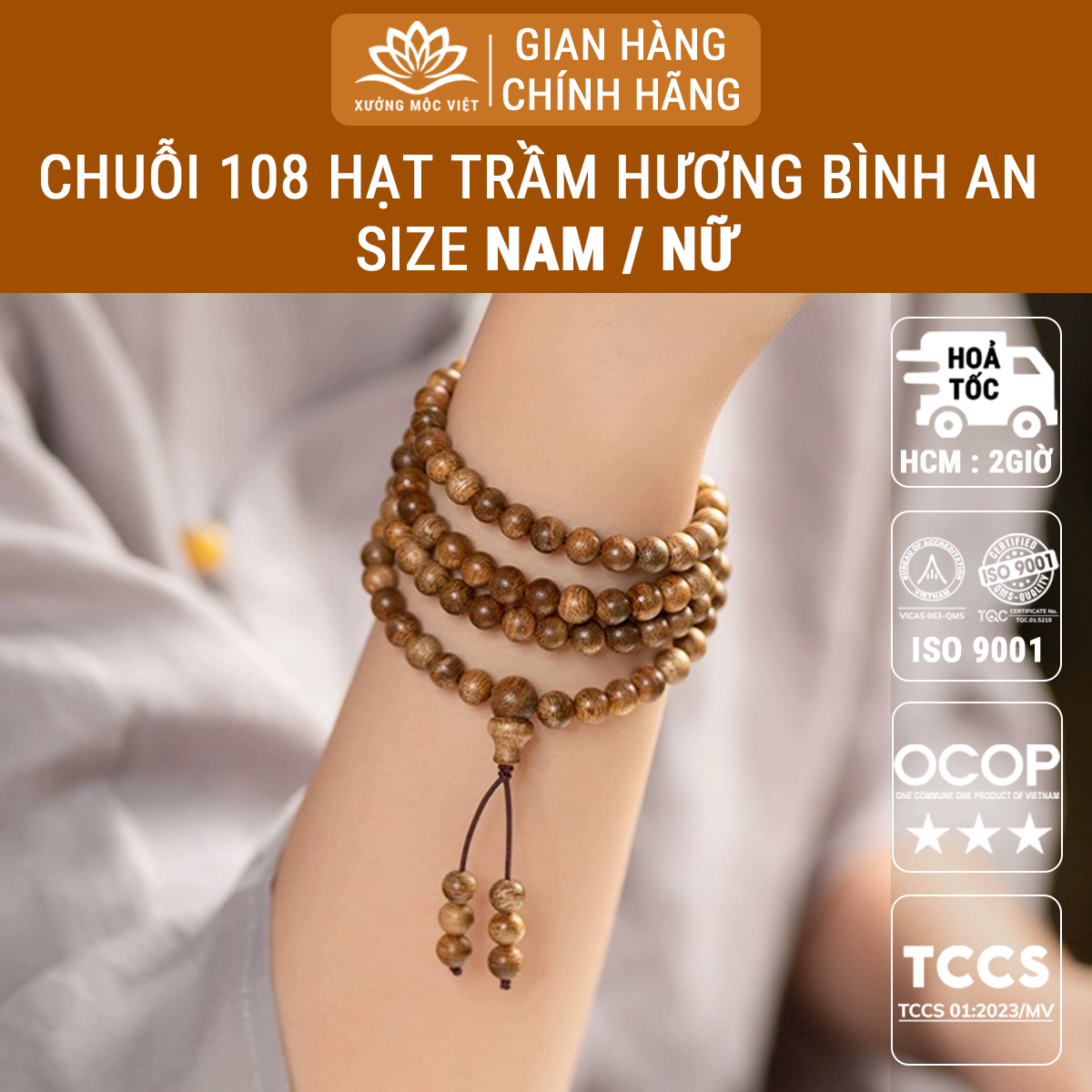 Vòng tay trầm hương chuỗi 108 hạt tóc vườn Xưởng Mộc Việt - Chuỗi tràng hạt trầm tóc size 6/7/8mm - Vòng tay phong thuỷ may mắn bình an tài lộc