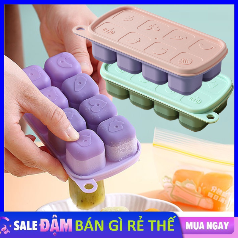 Khay Làm Đá Silicon 8 Ô Có Nắp Đậy Kháng Khuẩn - Khuôn Làm Thạch , Làm Kem  Rau Câu, Socola - Khuôn Đựng Thực Phẩm Cấp Đông Cho Bé