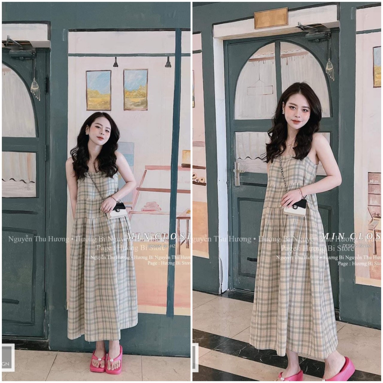 Váy 2 dây 3 tầng kẻ caro 3 màu chất thô đũi, đầm babydol 2 dây điều chỉnh phom rộng
