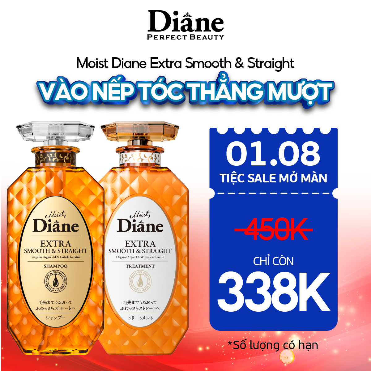 Cặp gội xả vào nếp thẳng mượt Moist Diane Extra Straight dành cho mái tóc khô, quăn, không vào nếp - 450ml x2