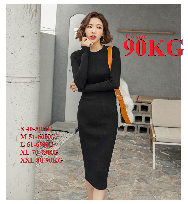 Váy Đầm body Len Tăm Cổ Tròn Thấp, Có Big Size Lên tới 90KG Vải Len Tăm Dày Đẹp ấm áp, Tạo Dáng Đồng hồ cát Đường Cong Ảo cho chị em mũm mĩm....