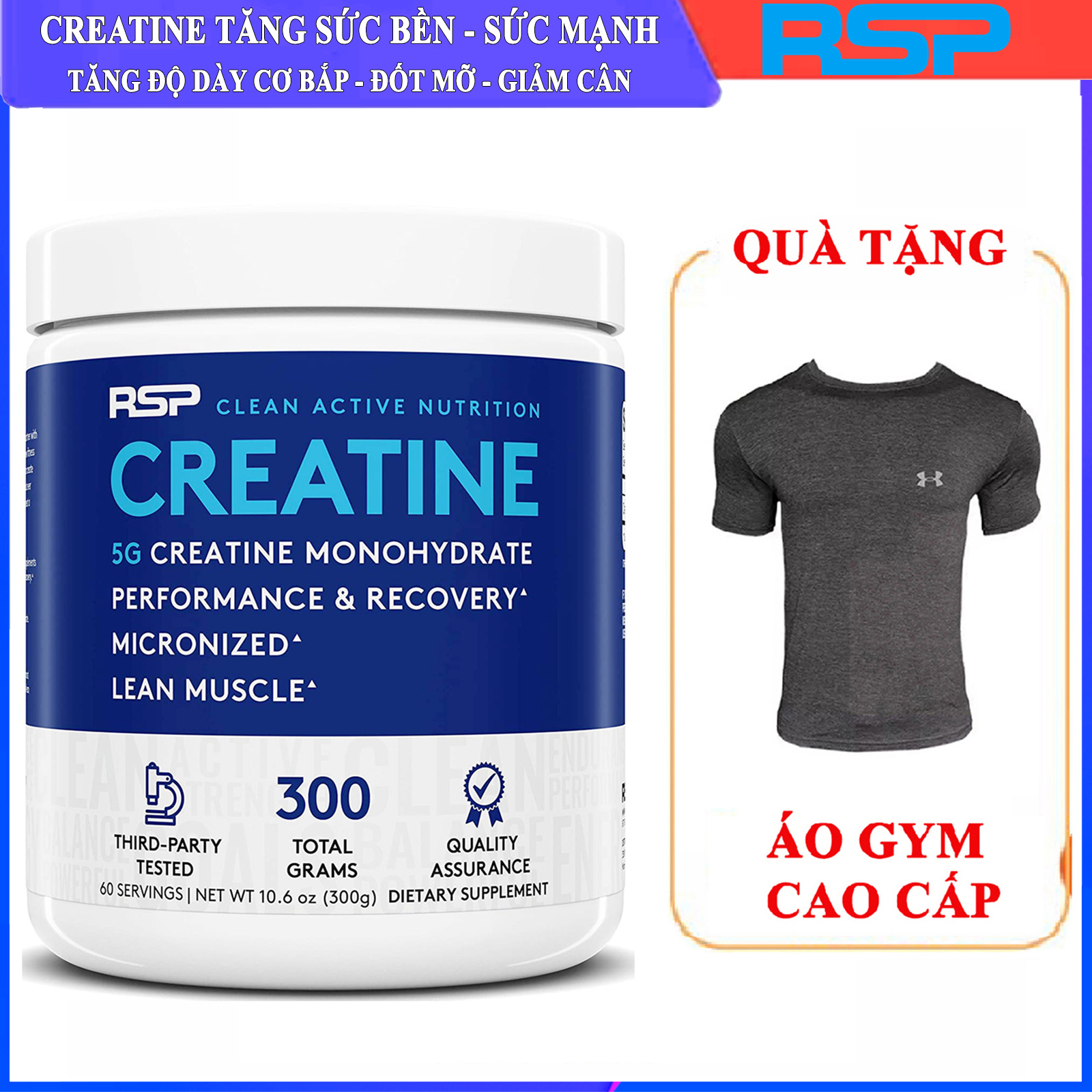 [HCM][TẶNG ÁO]Thực phẩm bổ sung Creatine của RSP hỗ trợ Tăng Sức Bền Sức Mạnh đốt mỡ giảm cân 60 lần dùng cho người tập gym và chơi thể thao