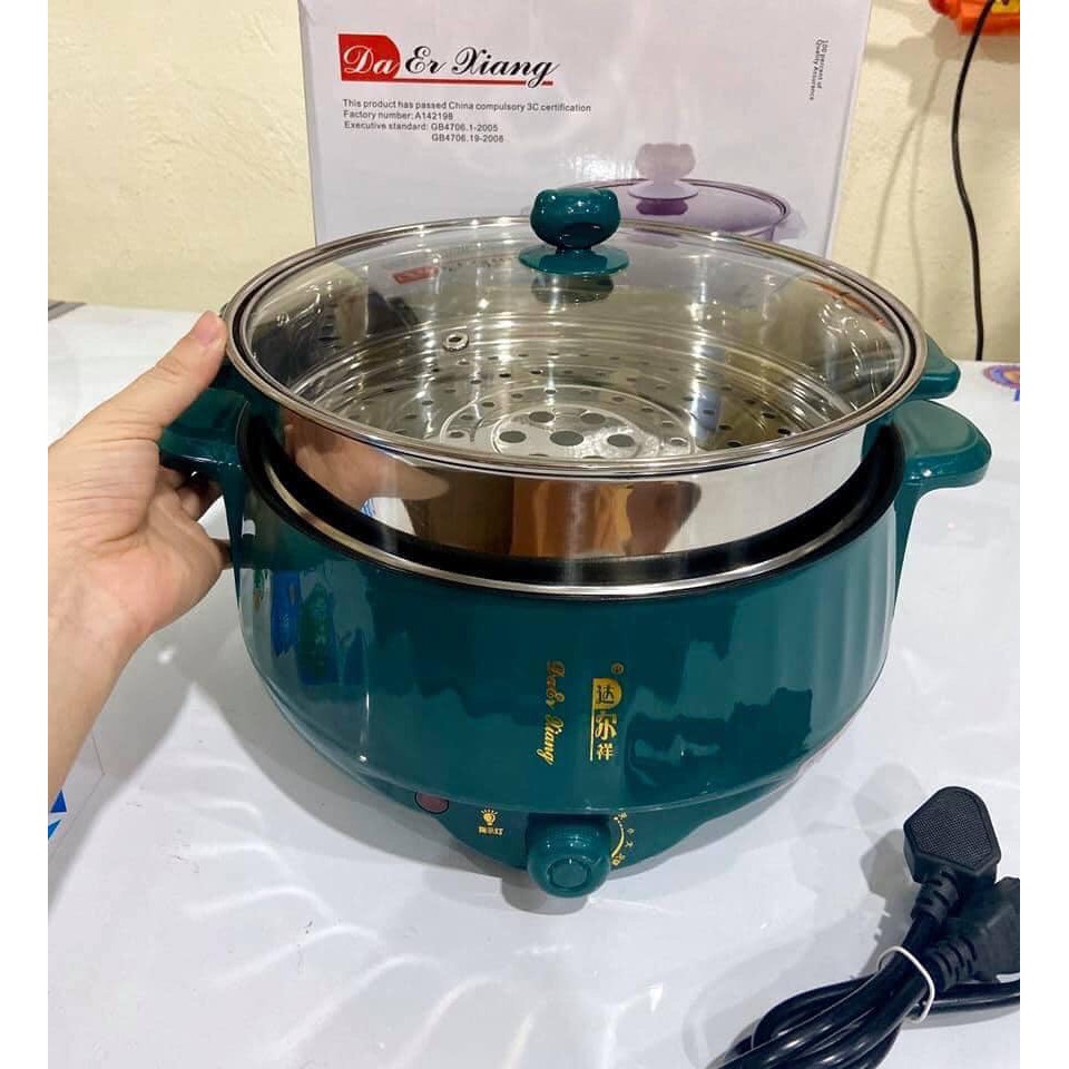 Nồi Lẩu Điện Đa Năng Chống Dính Electric cooker pot, Nồi Lẩu Gia Đình Vân Đá Shanban 24cm Kèm Hấp Inox Cao Cấp