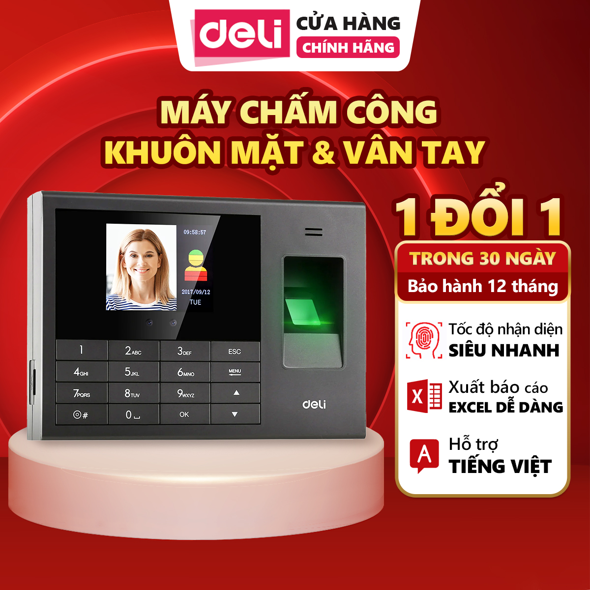 Máy Chấm Công Deli Máy Quét Vân Tay Và Nhận Dạng Khuôn Mặt - Hỗ Trợ Tiếng Việt, Báo Cáo Excel, Quản Lý Quyền Truy Cập