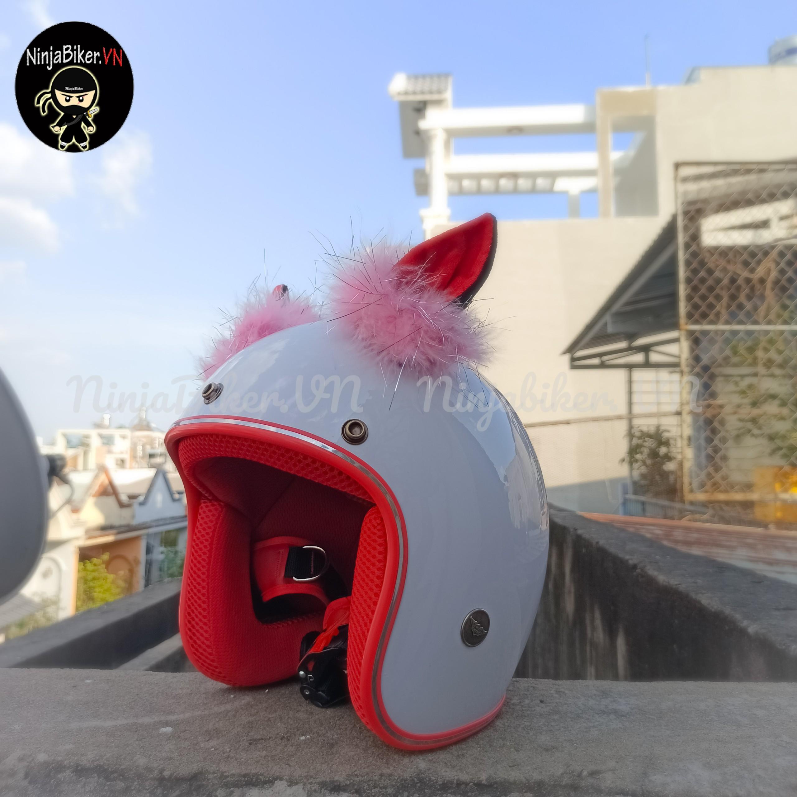 Nón bảo hiểm NTMAX 3/4 trắng lót đỏ gắn tai thú đỏ lông hồng nhạt (Chính hãng - bảo hành 12 tháng)
