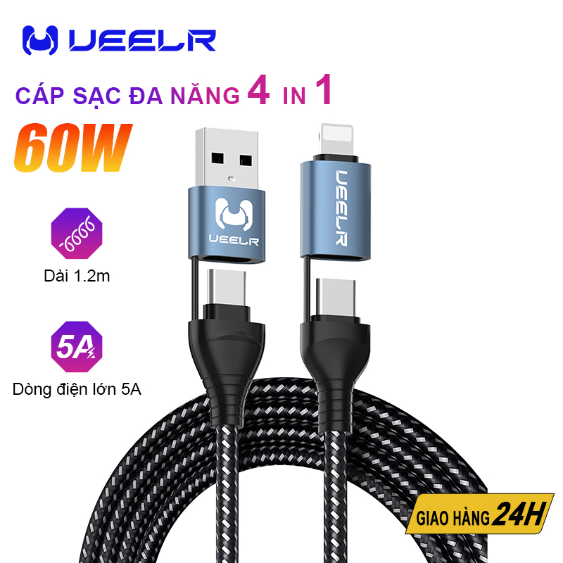 Cáp sạc nhanh 4 trong 1 60w hỗ trợ dây đồng bộ dữ liệu lightning/type-c 1.5m sạc nhanh hợp kim nhôm cáp sạc cho ios android
