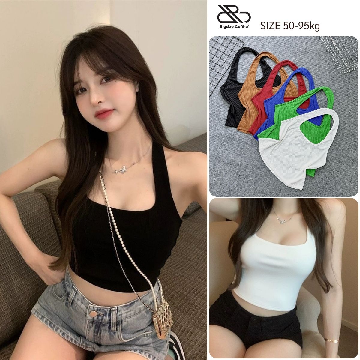 Áo Croptop Nữ Kiểu Yếm Hở Lưng Bigsize Cô Nhỏ Choàng Cổ Ôm Body Dễ Thương Vải Thun Gân Co Giãn G5