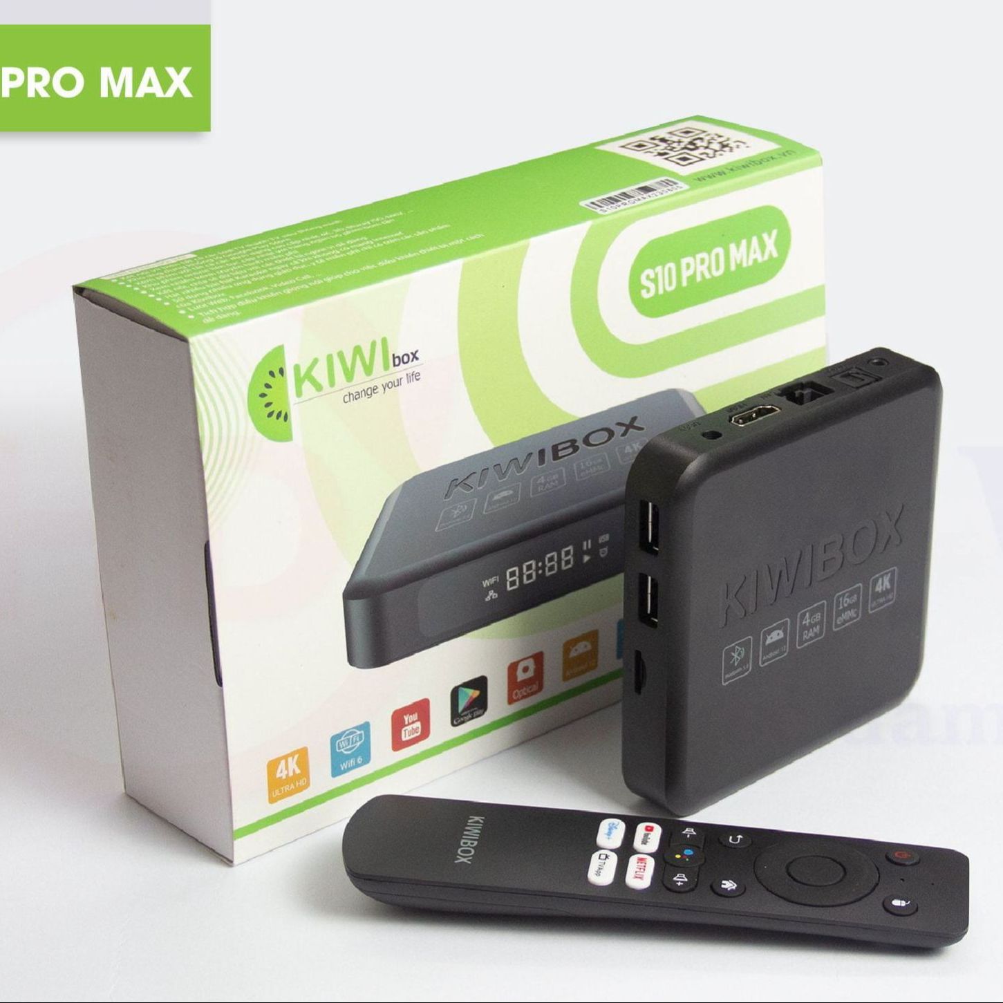Đầu Android TV Kiwibox S10 Pro Max xem tivi miễn phí 200 kênh Ram 4G 16G Bluetooth 5.0 Wifi 6.0 HĐH 12.0 | Chính Hãng Kiwi Box
