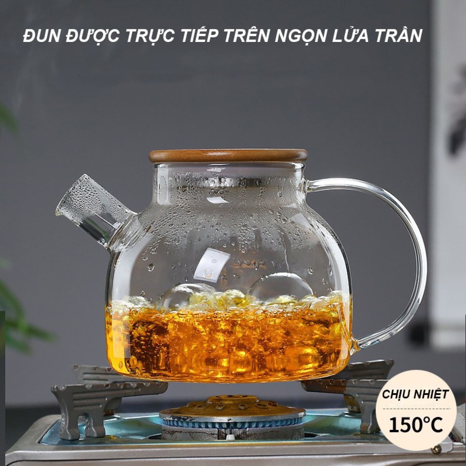 Bình trà thủy tinh Nắp gỗ, Ấm pha trà, Bình pha trà Thuỷ tinh chịu nhiệt
