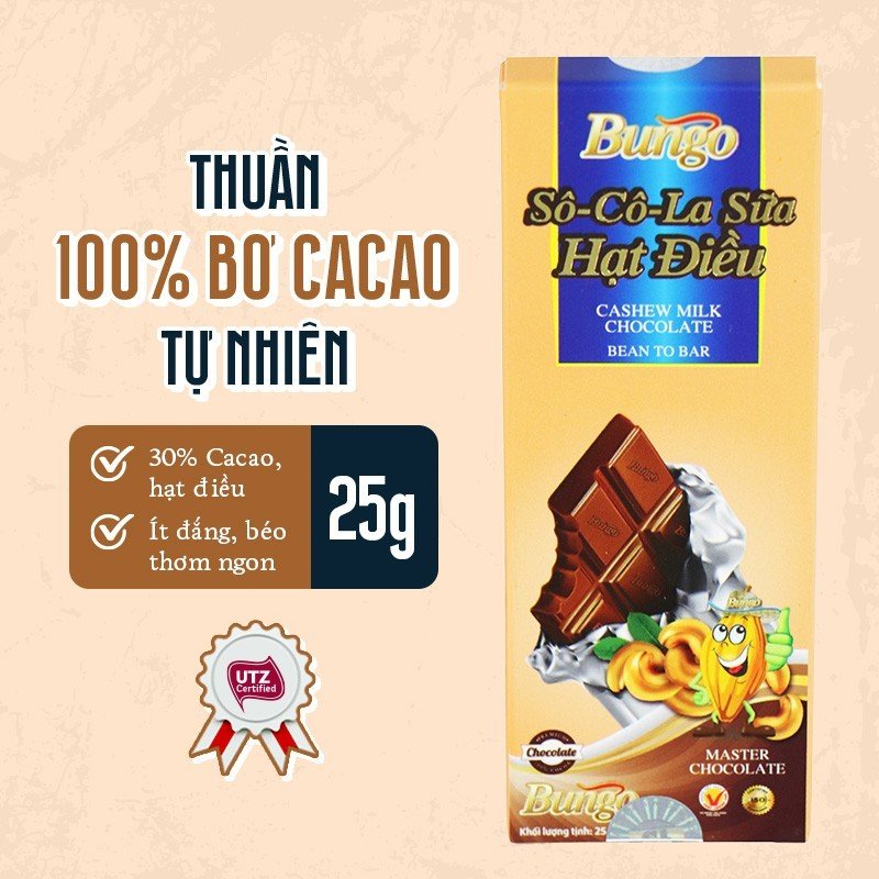 Socola Sữa Hạt Điều Bungo, Thanh 25g - Thuần Bơ Cacao Tự Nhiên - Từ Hạt Cacao Trinitario Lên Men Thủ Công