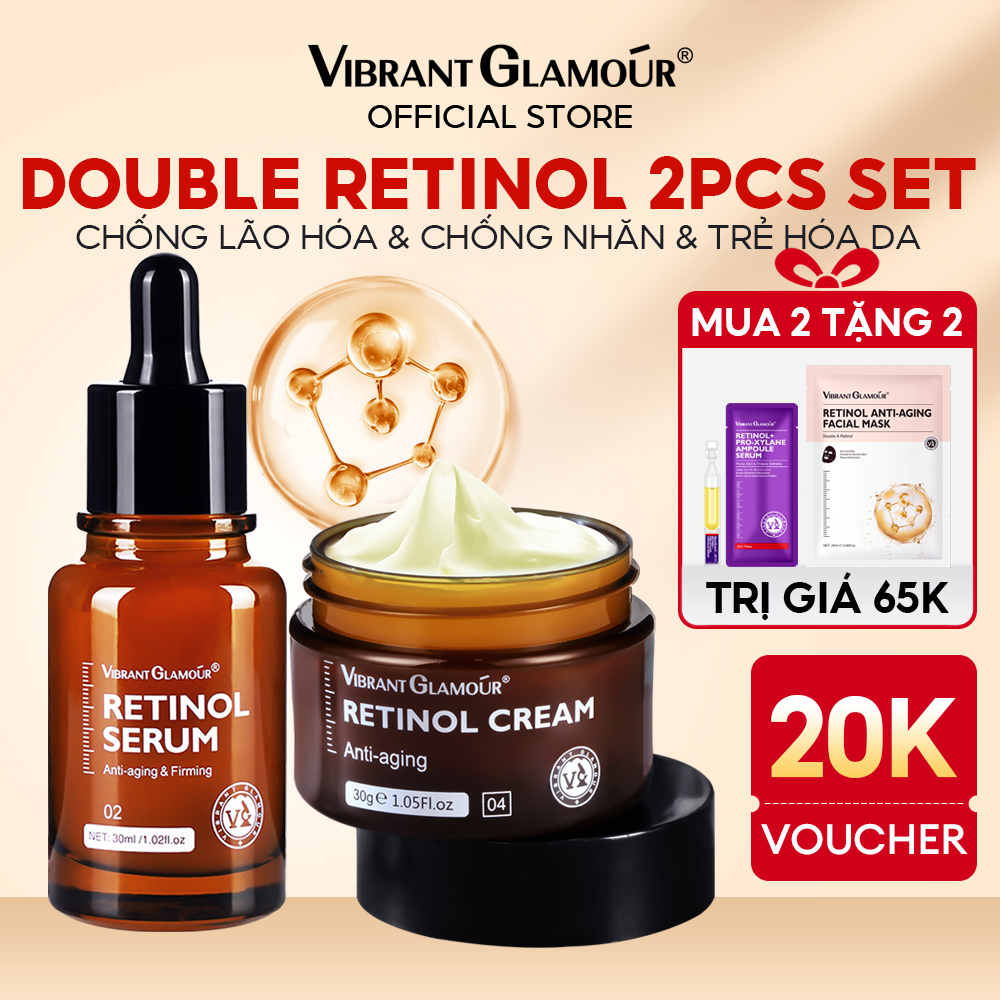 Retinol 1.5%  Tinh Serum  + Kem dưỡng VIBRANT GLAMOUR 2PCS Chăm sóc da đơn giản & Giảm nếp nhăn & Dưỡng ẩm, làm sáng da & Làm mềm mịn da & Nâng cơ & săn chắc da