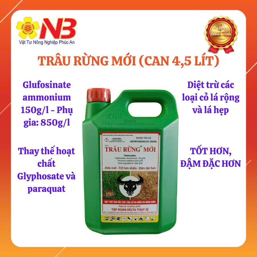 Thuốc trừ cỏ Trâu rừng MỚI CAN 4.5 LIT Trâu rừng đen Newfosinate 150SL (Trâu rừng đen Thụy Sĩ) 4.5L