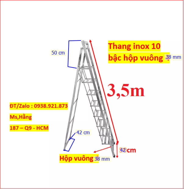 Thang Inox 10 Bậc Chân Hộp Vuông 38 mm, Thang Inox Xếp Gọn - Mã: THIV10A- HĐ325I