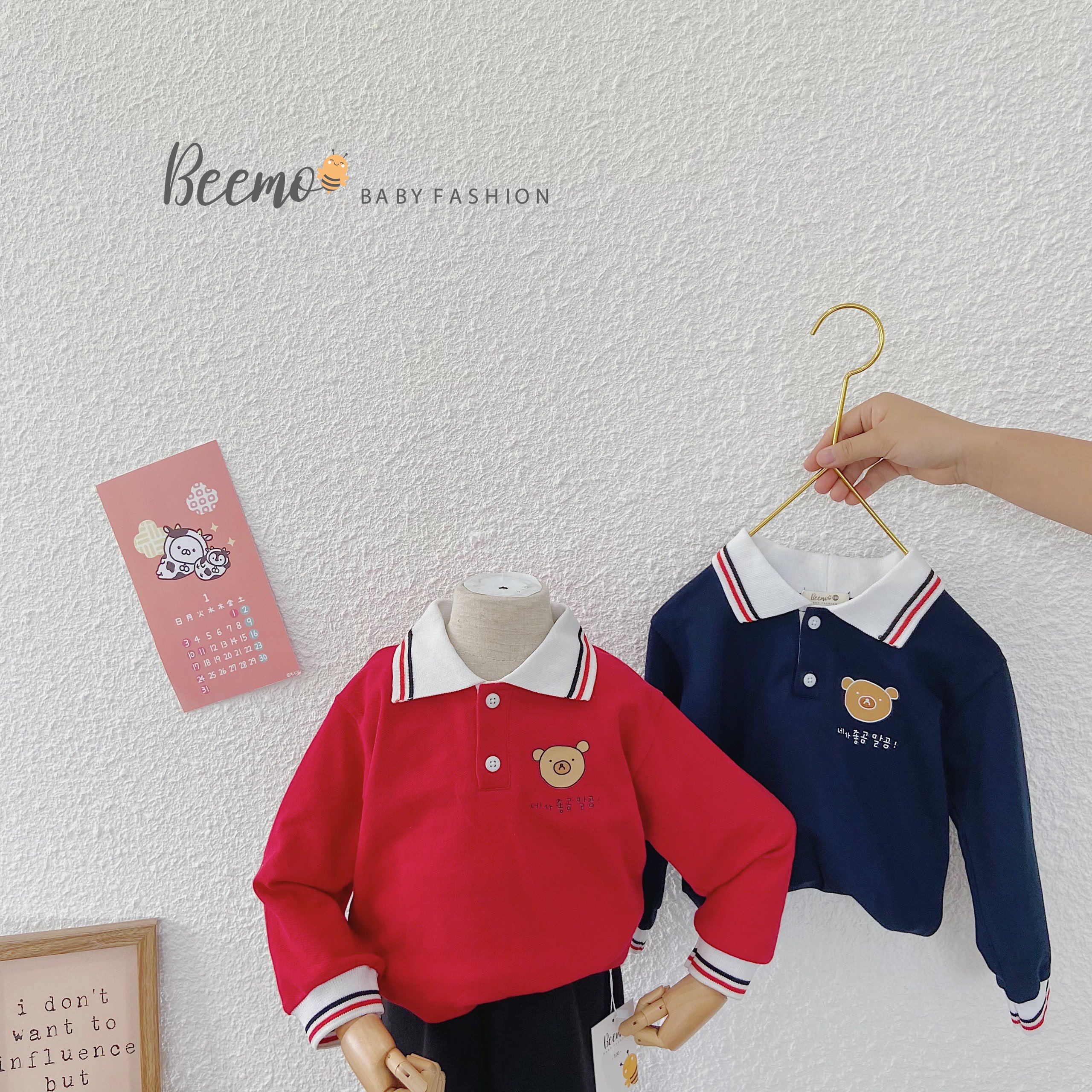 Áo polo cotton bé trai/bé gái dài tay in hình gấu Rilakkuma Beemo - 21B118