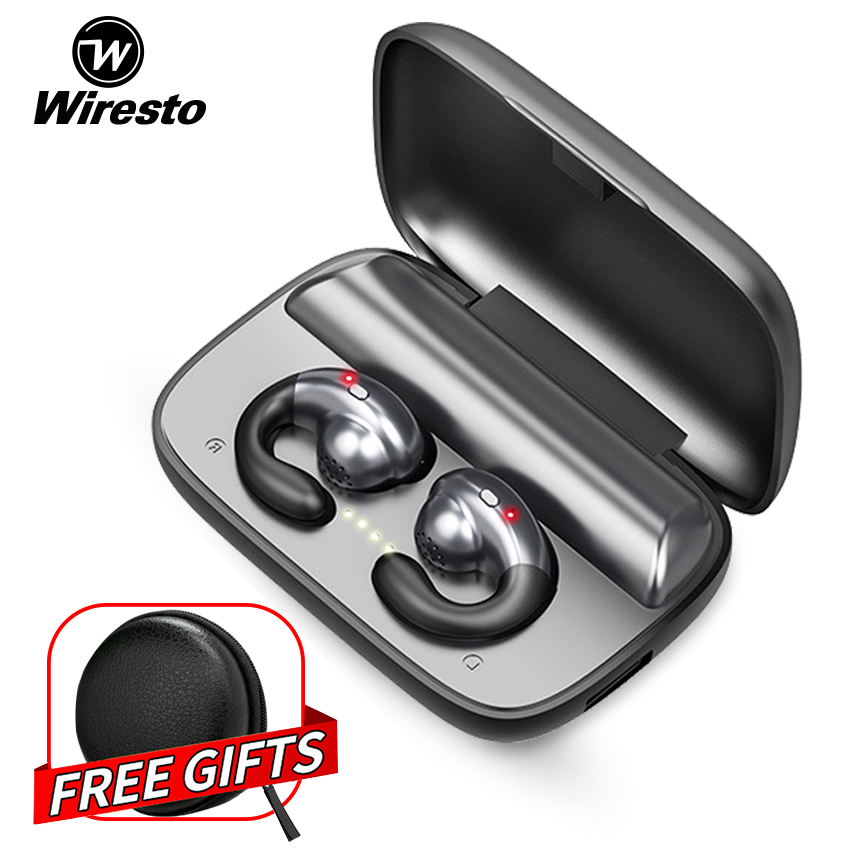 Tai nghe không dây bluetooth 5.0 Wiresto, tai nghe nhạc có móc sau tai kèm hộp sạc - INTL