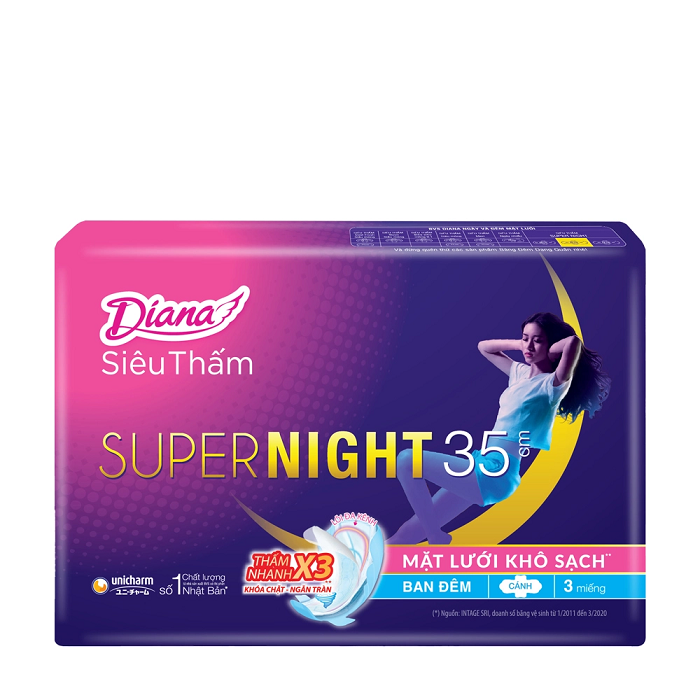 Băng vệ sinh Diana ban đêm siêu thấm Super Night 35cm - gói 3 miếng YooWe