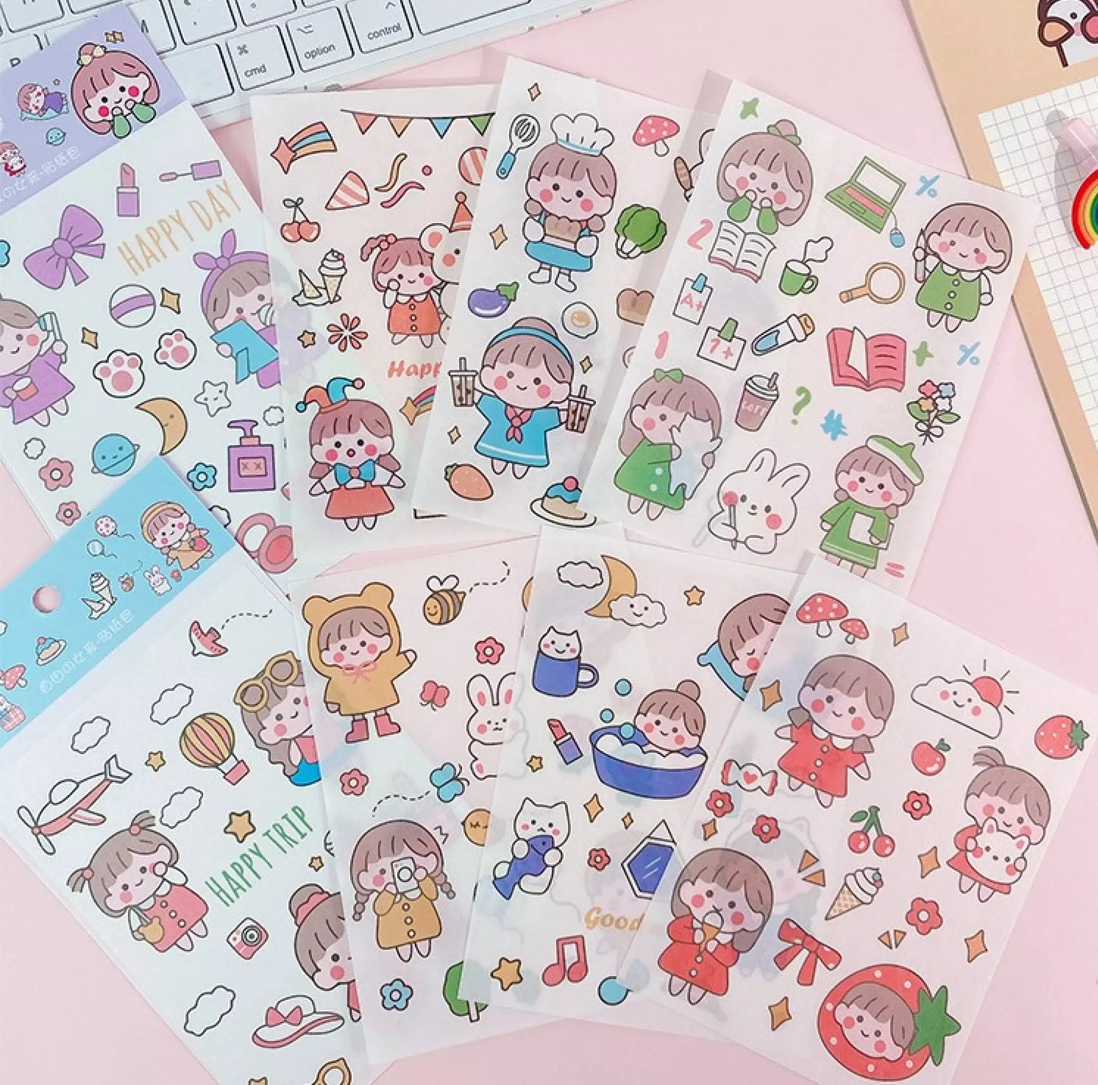 Set 4 tấm Sticker in hình gấu mèo thỏ cô bé cậu bé dễ thương trang trí sổ tay lưu bút, Bộ 4tờ hình dán họa tiết hoạt hình dán sổ lưu niệm