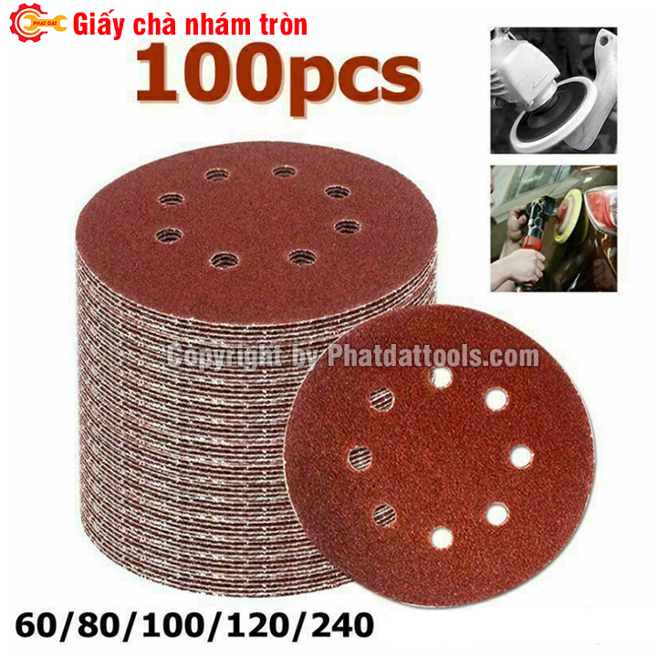 Hộp 100 tờ giấy chà nhám tròn đường kính 125-180-230 tùy chọn-độ nhám từ p40 đến p240