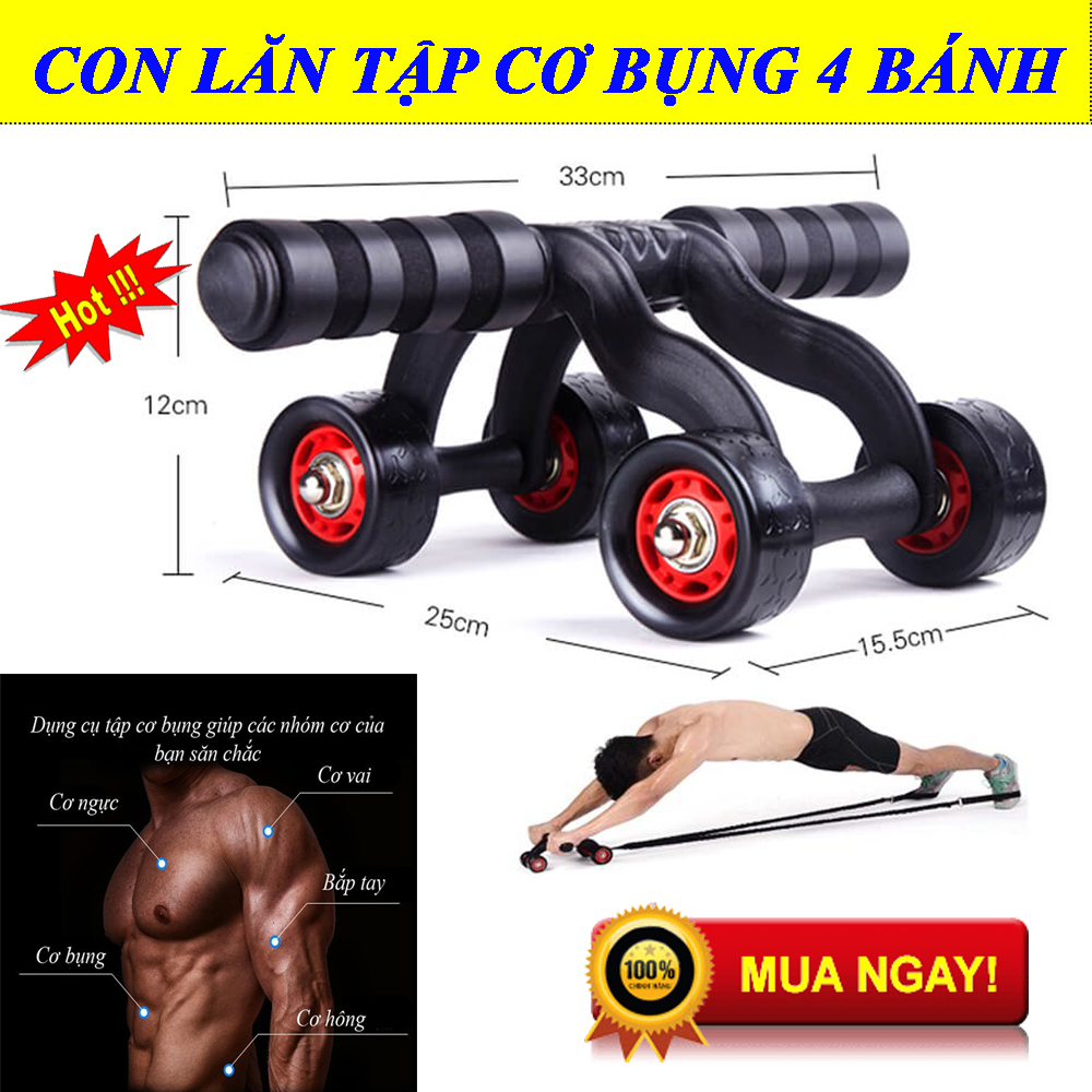 Con Lăn Tập Bụng 4 Bánh Cao Cấp, Máy Tập Cơ Bụng Đa Năng, Con Lăn 4 Bánh Tập Cơ Bụng. Thiết Kế Dạng 4 Chân Chắc Chắn , Giúp Làm Giảm Mỡ Bụng, Giảm Cân, Tăng Cơ rắn chắc. BH 1 đổi 1. MUA NGAY!!!!