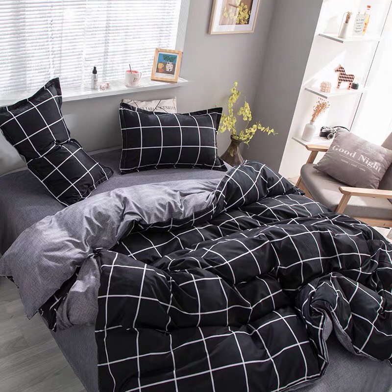 (FreeShip MAX) Bộ Chăn Ga Gối ( Nhập Khẩu) Cotton Mẫu Kẻ Vuông Đen