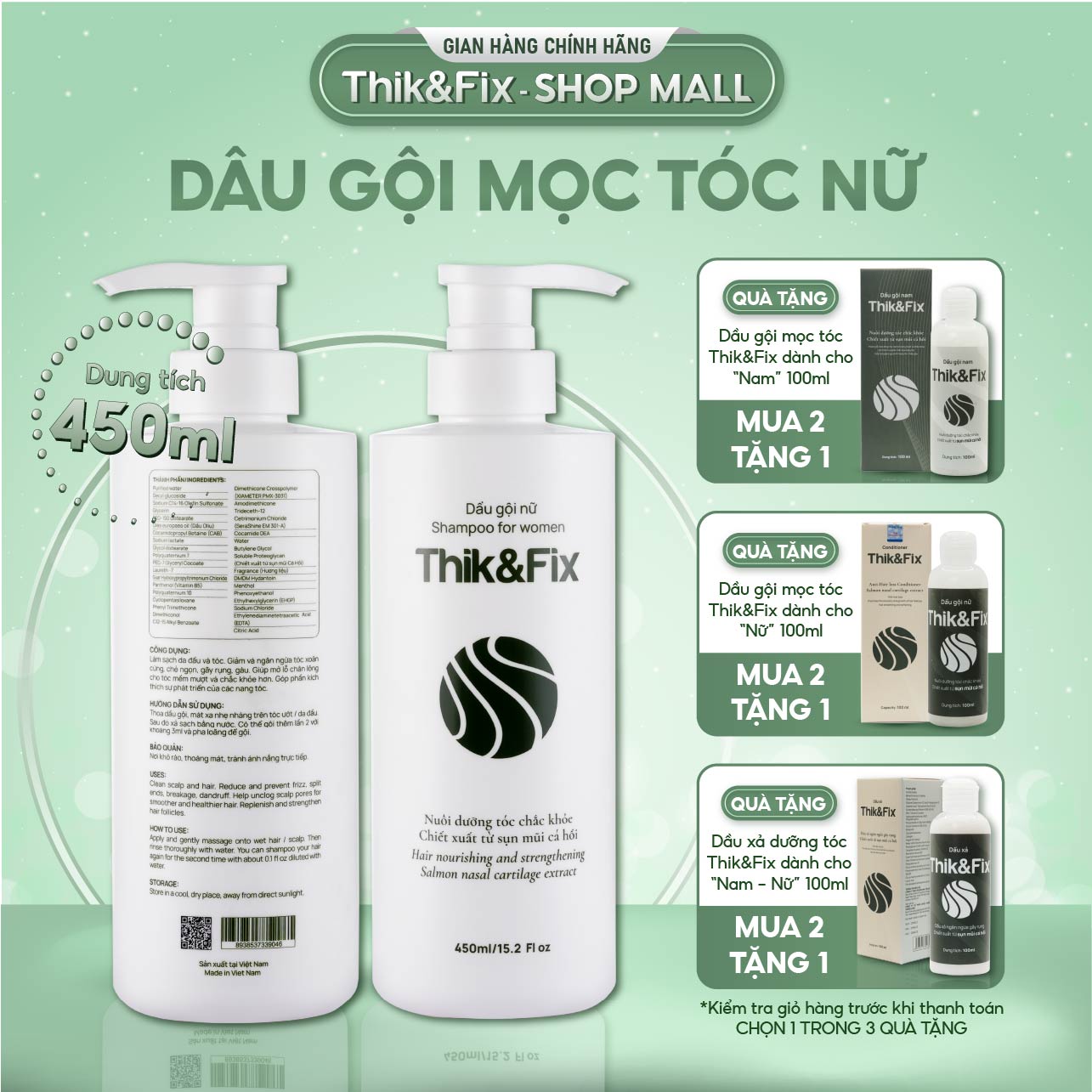 Dầu gội kích thích mọc tóc thảo dược Thik&Fix dành cho Nữ - Phục hồi tóc hư tổn, dưỡng tóc suôn mượt óng ả