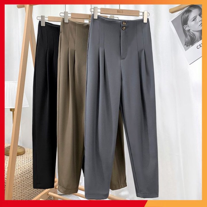 Quần baggy nữ cạp cao xếp ly 2 cúc, quần vải công sở ống bo vừa, chất vải loại một.