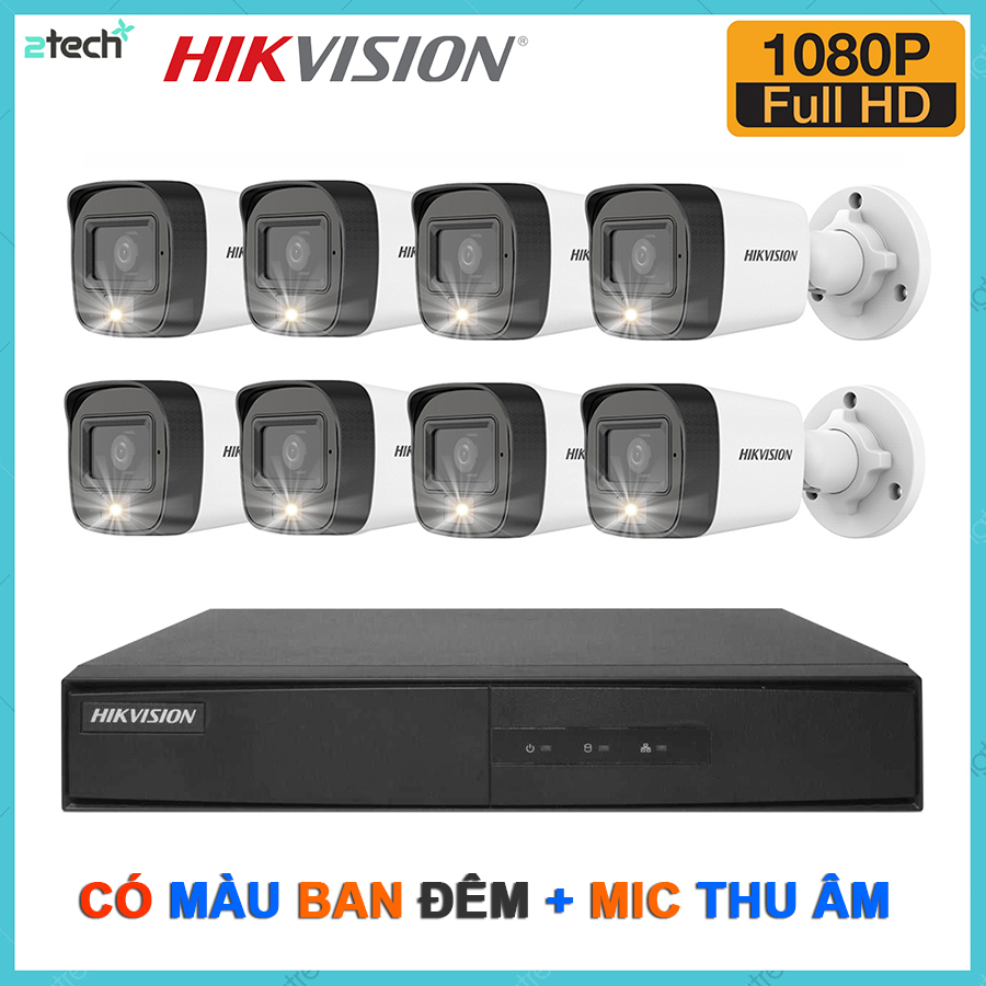 Bộ camera quan sát hikvision 8 kênh 2.0mp 1080p quay ban đêm có màu tích hợp mic thu âm