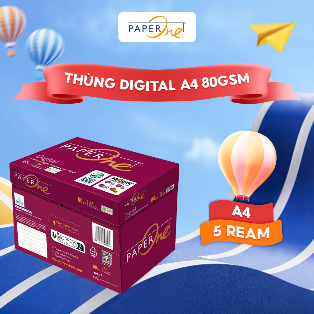 Thùng 5 ream giấy in A4 PaperOne Digital 80 gsm - Giấy định lượng cao phù hợp in laser, in phun