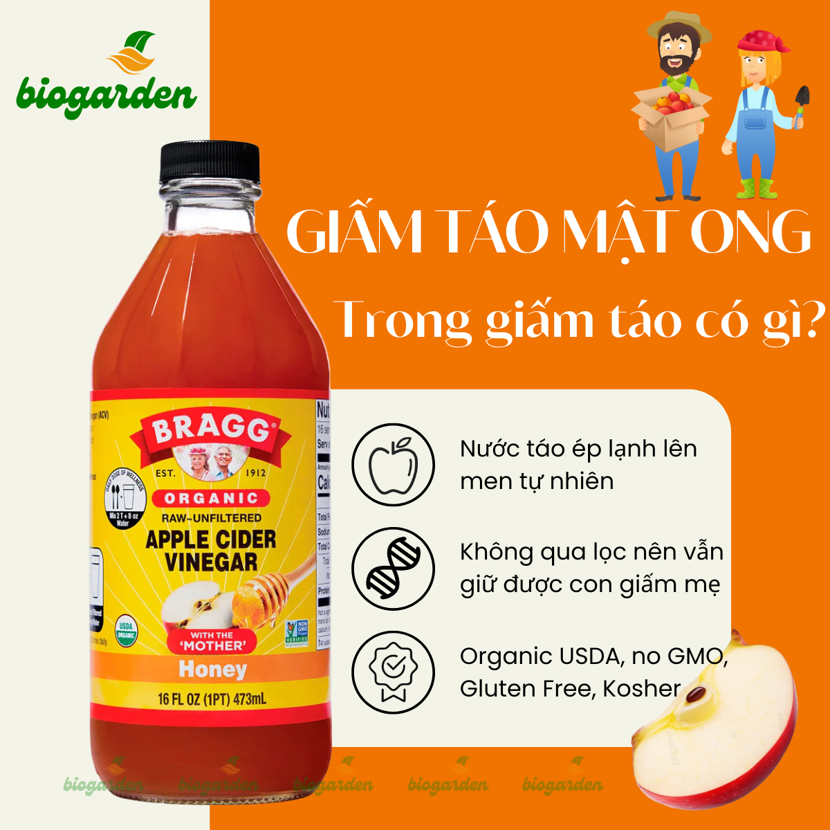 (03 Quà tăng kèm) Giấm Táo Mật Ong Hữu Cơ chính hãng Bragg chai 473ml (Có Giấm Mẹ) - Ăn Kiêng - Hỗ Trợ Tiêu Hoá - Giảm Cân - Hạ Cholesterol - Giảm Tiểu Đường - Biogarden