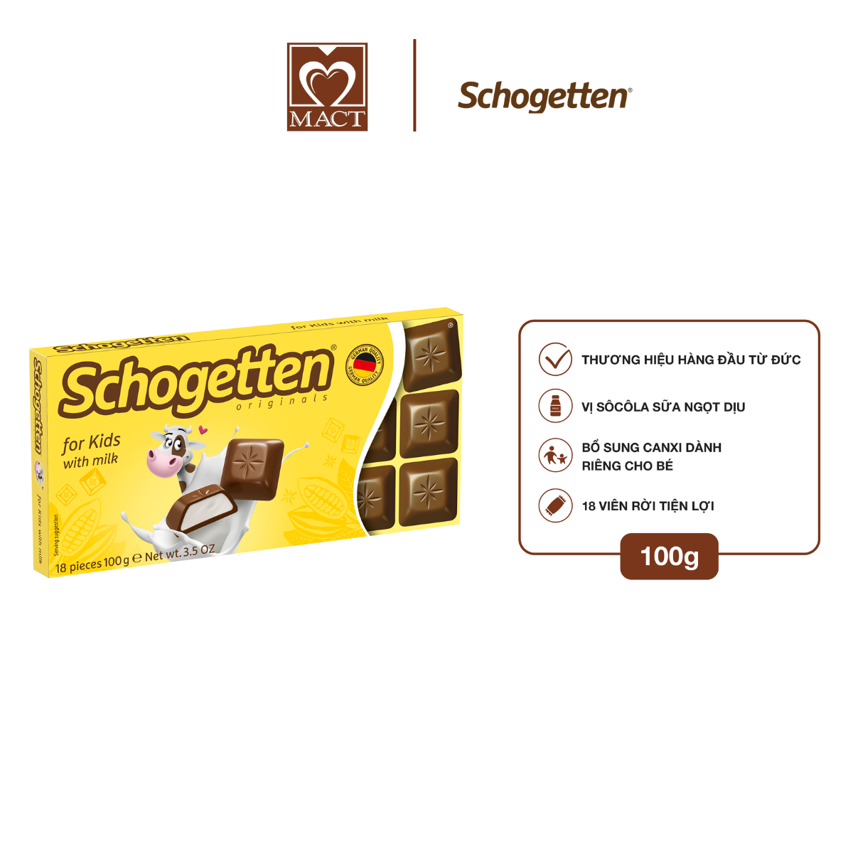  Sôcôla SCHOGETTEN - Vị trẻ em For Kids - Bổ sung sữa & canxi - thanh 100g gồm 18 viên rời 