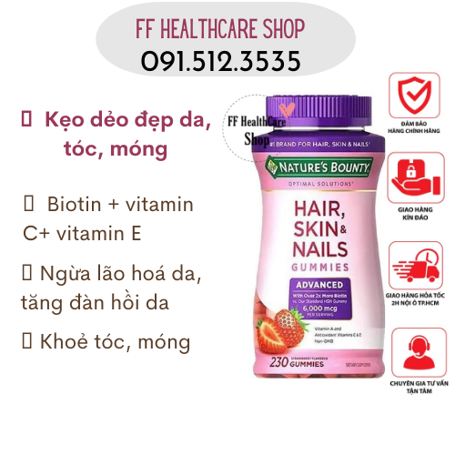 Kẹo hair skin nail gummies nature's bounty 6000mg làm đẹp da, tóc, móng 230 viên hàng mỹ