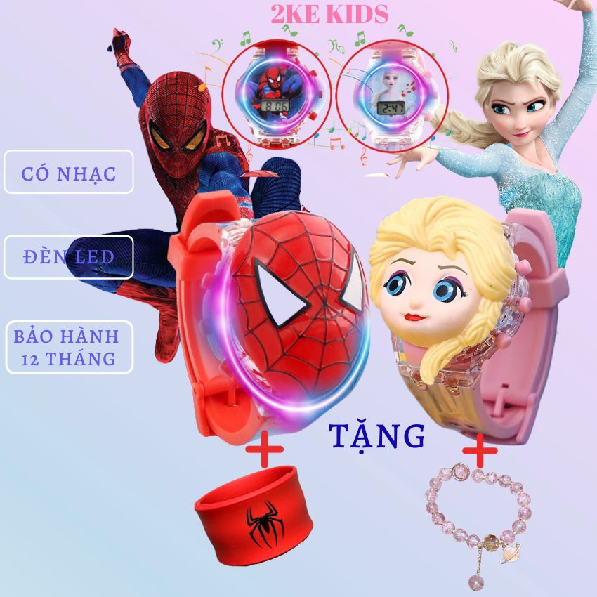 Đồng hồ trẻ em bé trai bé gái hình công chúa elsa siêu nhân mèo kittyđội trưởng mỹiron man người sắt có nhạc đèn