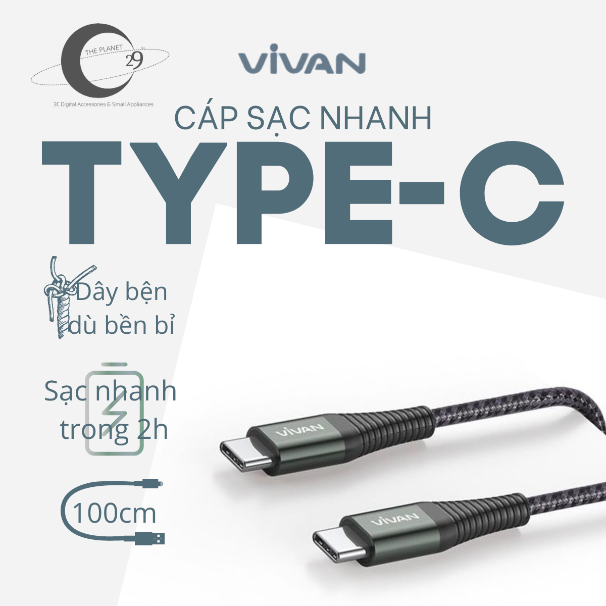 Dây cáp sạc nhanh 60w vivan kpd100s type-c to type-c 100cm chuẩn sạc nhanh pd dây sạc type c chống gãy, sạc nhanh cho điện thoại, laptop, máy tính bảng…