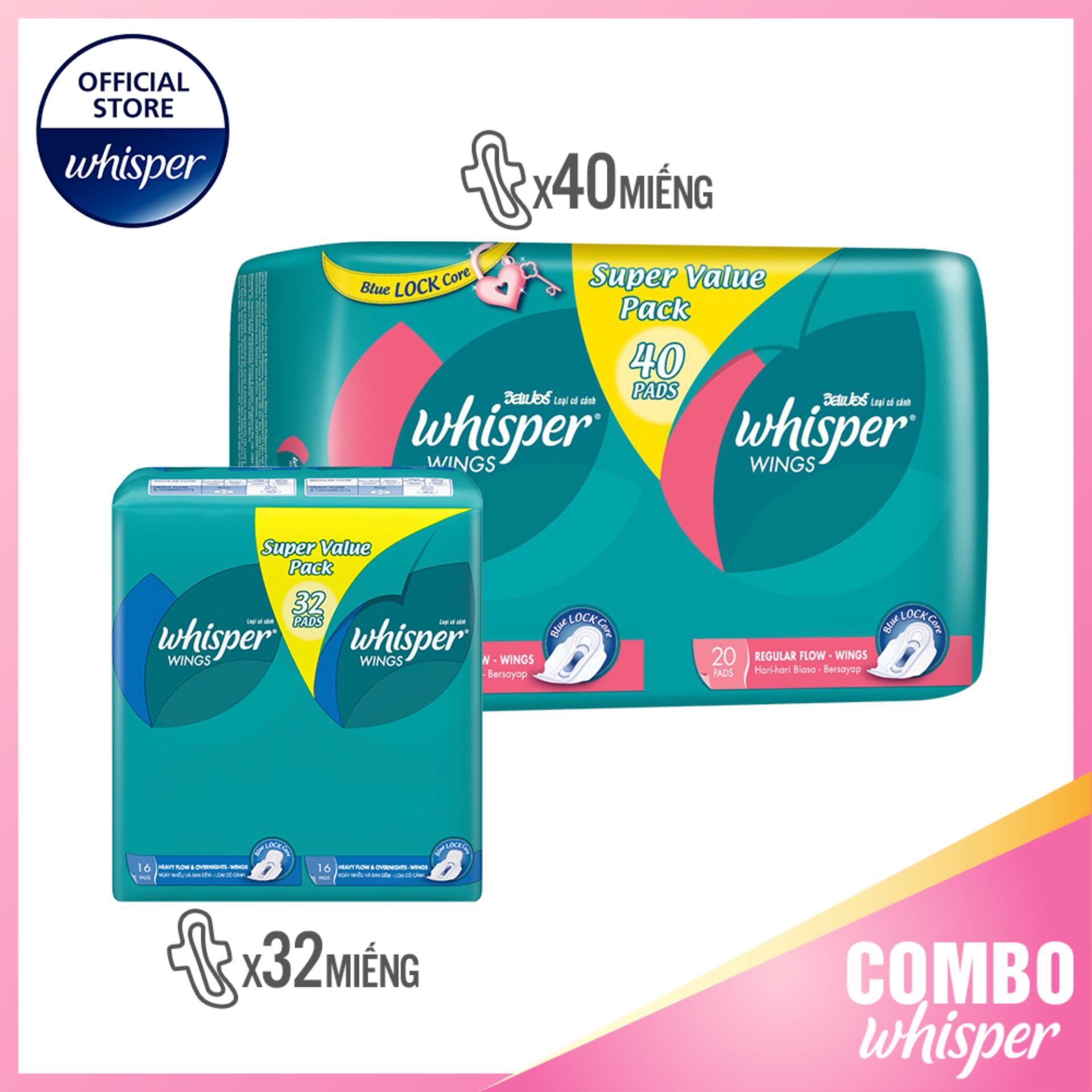 Combo Băng Vệ Sinh Whisper Dòng Cơ Bản Có Cánh Cho Ngày Thường (40 Miếng) + Băng Vệ Sinh Whisper Dòng Cơ Bản Có Cánh Cho Ngày Nhiều Và Đêm (32 Miếng)