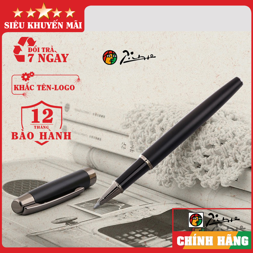 Bút ký cao cấp_Bút ký dạ bi cao cấp Picasso 920 RBK_Thân đen nhám cài xám_Bút ký chính hãng_Bút ký khắc tên theo yêu cầu