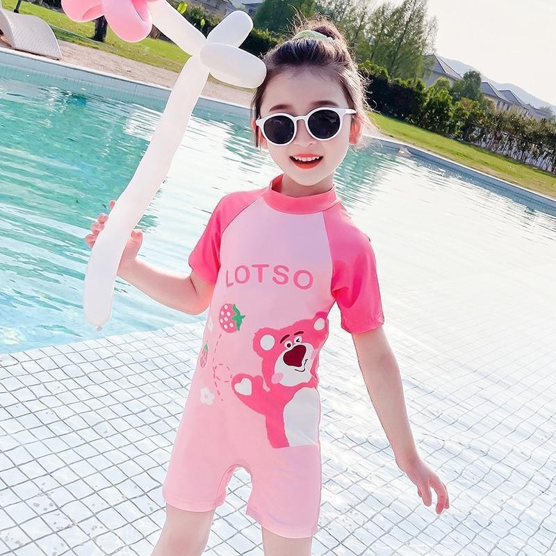 Đồ bơi bé gái liền thân sz 8-18kg hoạ tiết gấu dâu hothit, bikini liền thân cho bé gái