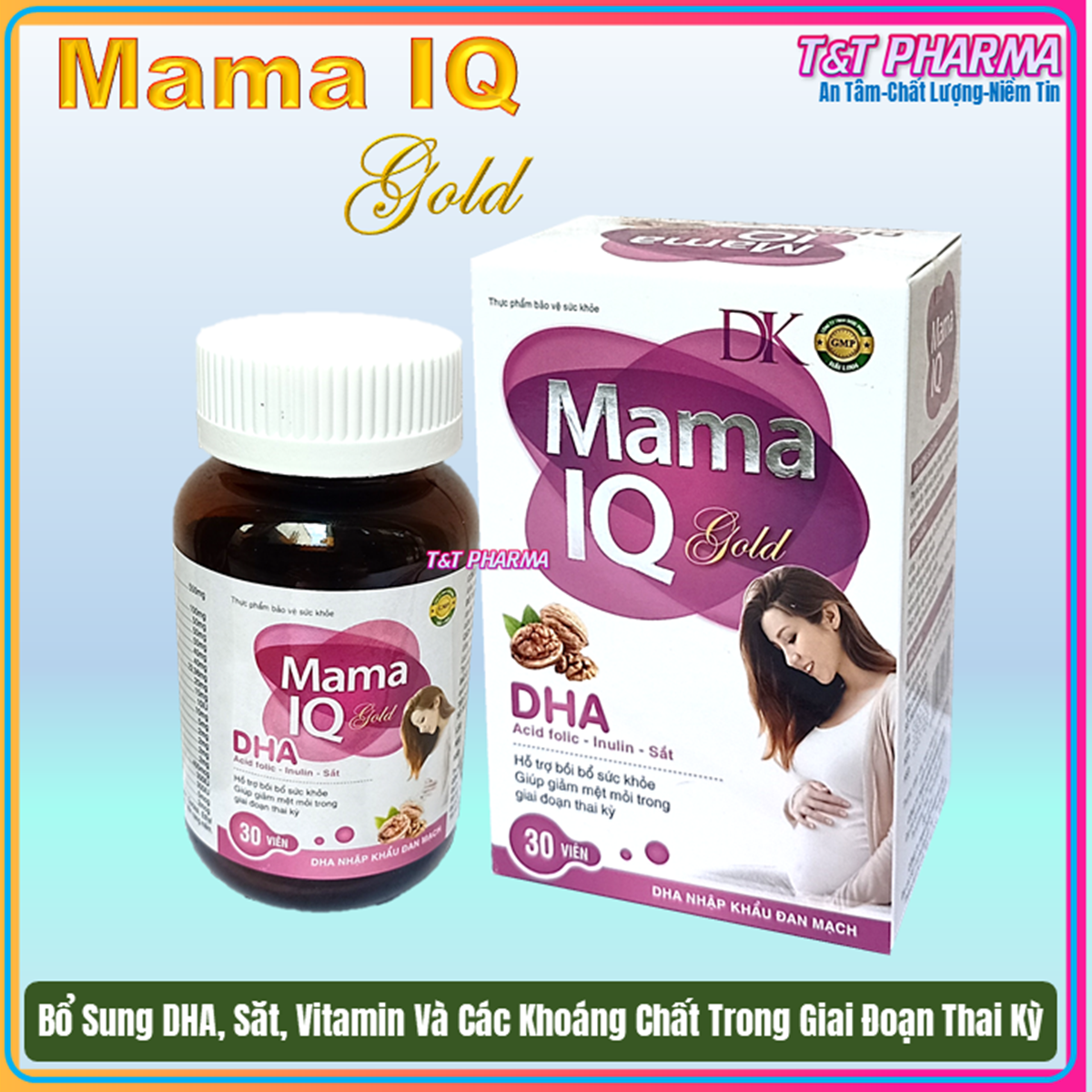 Viên uống Mama IQ gold bổ sung DHA , Acid folic- Inulin cho Bà bầu – DHA Nhập Khẩu Đan Mạch- Hỗ trợ bồi bổ sức khỏe, giảm mệt mỏi trong giai đoạn thai kỳ- Hộp 30 viên chuẩn GMP Bộ Y Tế