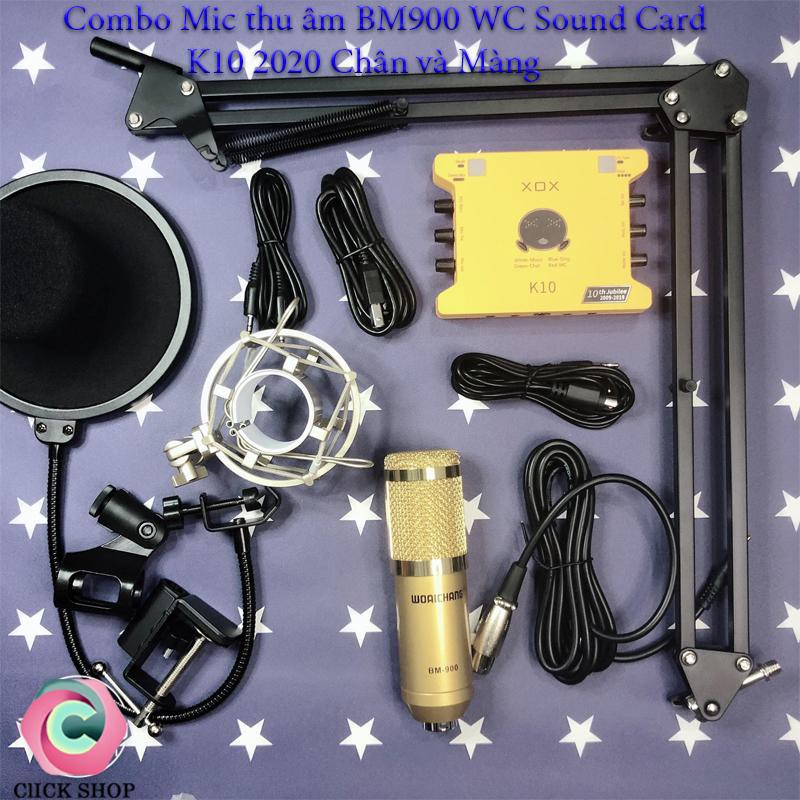 Mic thu âm BM900 woaichang sound card k10 2020 chân kẹp và màng lọc- Bộ mic livestream này là bản k10 đời mới
