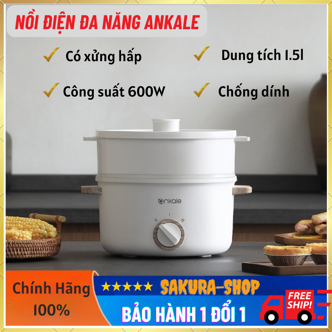 Nồi lẩu đa năng kèm xửng hấp ankale, nồi lẩu mini, nồi nấu mì nấu cơm đa năng - nồi lẩu điện 2 nấc nhiệt kèm giá hấp siêu hot - bảo hành 1 đổi 1