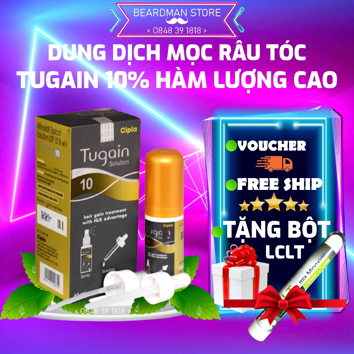 [HCM] TẶNG LCLT - Dung Dịch Hỗ Trợ Mọc Râu Tóc Minoxidil 10% Tugain Solulion Hàm Lượng Cao